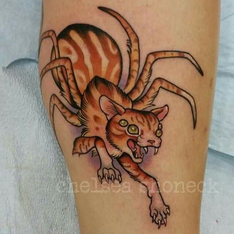 Chelsea Shoneck's Mutant cat tattoo Cat Toy Tattoo, Cat Caterpillar Tattoo, New School Cat Tattoo Designs, Zombie Cat Tattoo, Creepy Cat Tattoo, Traditional Halloween Cat Tattoo, 24 Tattoo, 23 Tattoo, Trippy Cat Tattoo