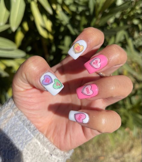 Conversation Heart Nail Art, Sweetheart Nail Art, Valentine Conversation Heart Nails, Candy Heart Nail Designs, Sweet Heart Candy Nails, Heart Lollipop Nails, Love Heart Sweet Nails, Valentines Candy Nails, Valentines Day Nails Candy Hearts