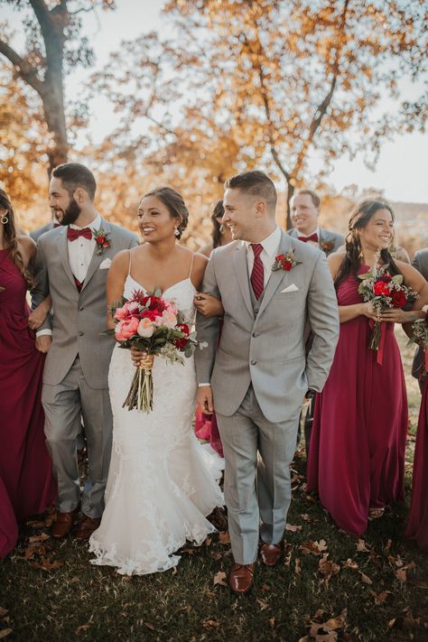 Burgundy And Grey Wedding, Grey Groomsmen, Fall Groom, Maroon Bridesmaid, Maroon Bridesmaid Dresses, Groomsmen Ideas, Bridal Parties Colors, Wedding Groomsmen Attire, Groomsmen Grey