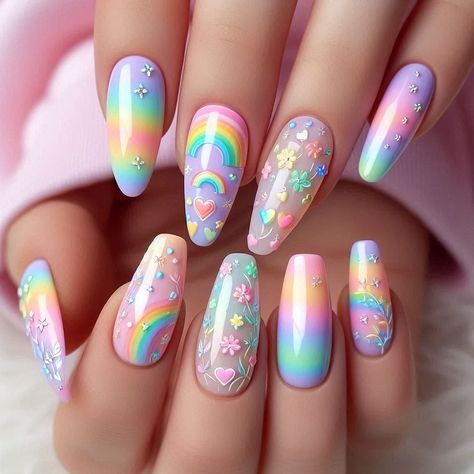 Rainbow Gem Nails, Ankle Tattoo Ideas, Daisy Acrylic Nails, Elegant Touch Nails, Rainbow Nails Design, Aesthetic Rainbow, Rainbow Nail Art, Rainbow Nail, Cute And Aesthetic