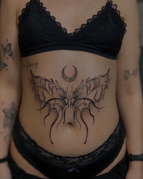 Lower Stomach Tattoos For Women, Traditional Butterfly Tattoo, Butterfly Tattoos On Arm, Butterfly Hand Tattoo, Stomach Tattoos Women, Butterfly Back Tattoo, Belly Tattoos, Girl Arm Tattoos, Wicked Tattoos