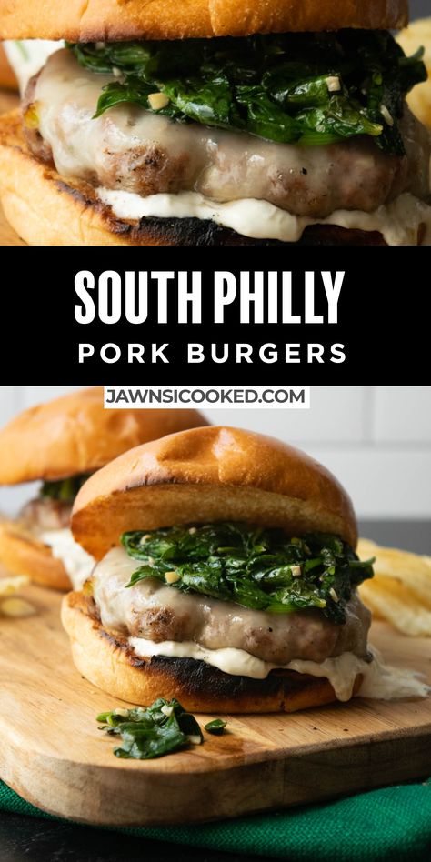 Recipe for Ground Pork Burgers (South Philly Style) with garlic spinach, provolone and Pepperoncini mayo! Like a roast pork, but in burger form! A fun take on a South Philly staple sandwich, these burgers are bursting with Italian flavors. This seasoned pork burger recipe is grilled to juicy perfection, for all the flavors of South Philly in the comfort of your own backyard! Ground Pork Burgers, Pork Burgers Recipes, Roast Pork Sandwich, Pork Sandwich Recipes, Cookout Sides, Philly Style, Summer Bbq Recipes, Philly Food, Ground Pork Recipes