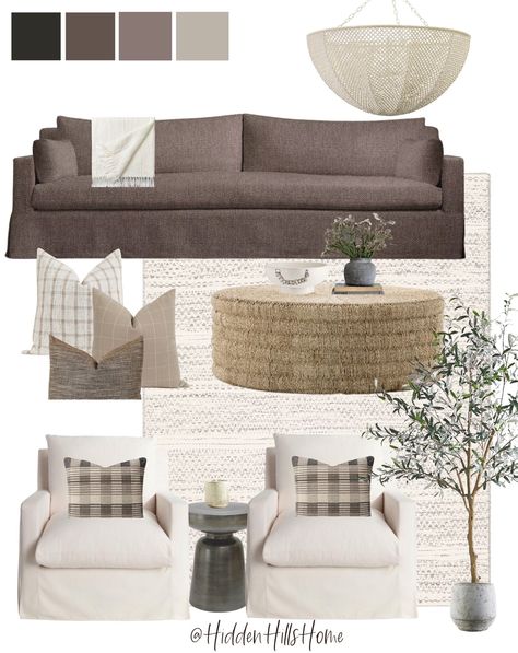 Brown Couch Mood Board, Mocha Sofa Living Room Ideas, Taupe Family Room, Mink Sofa Living Room, Brown Cream Living Room, Living Room Mood Board Colour Schemes, Taupe Living Room Colour Schemes, Taupe Sofa Living Room Ideas, Taupe Sofa Living Room