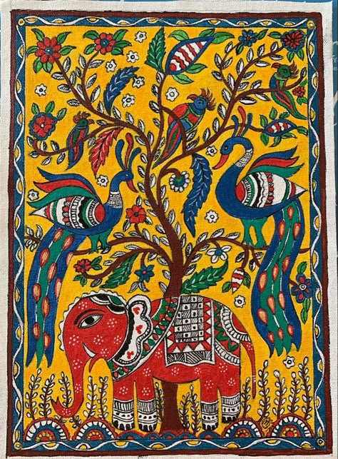 A4 Canvas Painting Ideas, Picture For Painting, Folk Painting Ideas, Madhubani Motifs, Worli Painting, Colorful Art Paintings, Home Paintings, Warli Painting, Gond Art