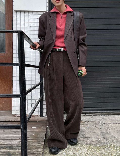 Fancy Clothes Men, Hot Male Outfits Aesthetic, Fancy Casual Outfits Men, Wide Corduroy Pants, Brown Pinstripe, Pinstripe Blazer, Mens Outfit Inspiration, Streetwear Men Outfits, 가을 패션