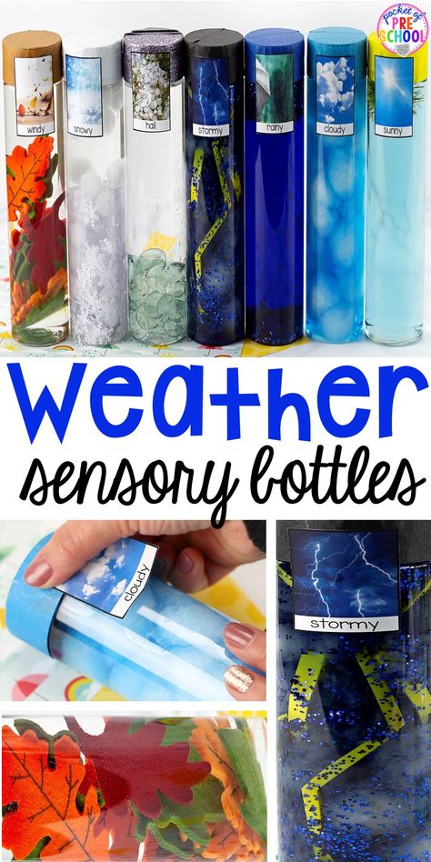 Sensory Weather Bottle, Spring Sensory Bottles Preschool, Cloud Sensory Bottle, Weather Sensory Activities, Weather Stem Activities, Weather Sensory Bottles, Weather Sensory Bin, Weather Sensory, Sensory Bottles Preschool