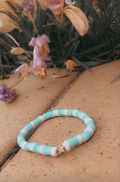 Teal Clay Bead Bracelet, Light Blue Clay Bead Bracelet, Clay Bead Bracelet Ideas Ocean, Clay Bracelet Ideas Blue, Beach Themed Clay Bead Bracelet, Clay Bead Bracelet Ideas Summer Beach, Beach Clay Bead Bracelets, Beachy Clay Bead Bracelet, Clay Bead Bracelet Ideas Preppy