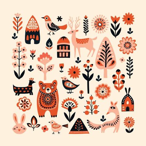 Folk Art Doodles, Russian Folk Art Illustration, Folk Art Elements, Scandinavian Folk Art Animals, Folk Art Animals Illustration, Scandinavian Folk Art Tattoo, Folk Art Symbols, Winter Folk Art, Nordic Illustration