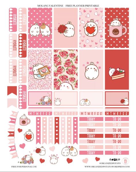 Free Printable Molang Valentine Planner Stickers by Organized Potato Journal Stickers Free Printable Cute, Free Kawaii Stickers, Red Journal Stickers, Heart Stickers Free Printable, Happy Planner Stickers Free, Free Printable Planner Stickers Kawaii, Freebies Ideas, Cute Printables, Kawaii Planner Stickers