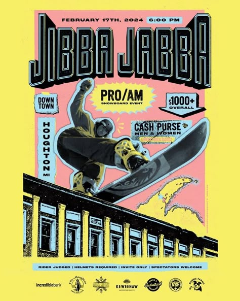 Bundle up and join us for the 2024 Jibba Jabba Rail Jam in downtown Houghton. What is a rail jam? A rail jam is a winter event in which a special course is created with rail-like features and objects that skiers/ snowboarders can perform tricks on. A unique rail jam course will be set up on Huron Street (next to Rhythm Bike & Board Co.), where professional and amateur freestyle snowboarders will attempt tricks and shred down Huron Street all the way down to the Houghton Waterfront pier. Snowboard Graphics, Snowboarding Design, Skateboarding Poster, Rail Bike, Snowboarding Poster, Ski Vibes, Ski Board, Skateboard Backpack, Retro Ski