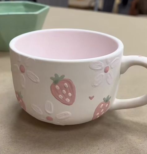 Cute Painted Mugs Aesthetic, Pottery Painting Ideas Coquette, Color Me Mine Mugs, Mug Pottery Painting Ideas Simple, Colormemine Ideas, Pink Pottery Painting, Cup Painting Ideas Aesthetic, Cute Pottery Painting Ideas Mugs, Pottery Painting Mug Ideas