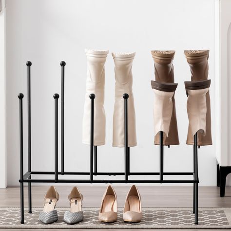 PRICES MAY VARY. SIZE: This shoe rack- 28.5 L x 9.8 W x 23.2 H; Front Posts- 12.9 H; Rear Posts- 16.9 H; Space between posts- 5.1 W; Bottom height: 6.3 H (Inches). The standing shoe rack can hold up to 6 pairs of shoes or boots while saving storage space. Prevent Creases: The shoe rack with its unique groove design fits perfectly on the boot tops to keep the boot shafts straight and prevent unsightly wrinkles and creases. The inverted design of the shoe rack speeds up air circulation inside the Work Boot Storage, Garage Boot Storage, Boot Storage Closet, Outdoor Shoe Storage, Dorm Room Closet, Shoe Cubby, Shoe Room, Boot Rack, Hanging Shoe Organizer