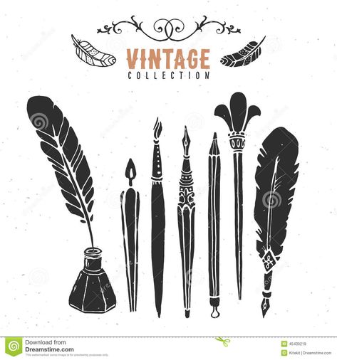 Vintage Retro Old Nib Pen Brush Ink Collection. - Pen Tattoo, Ink Lettering, Feather Pen, Vintage Pens, Pen Illustration, Calligraphy Nibs, Photography Words, Hand Drawn Vector Illustrations, Bullet Journal Themes