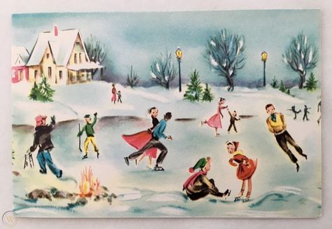 Ice Skating Painting, People Ice Skating, Ice Skate Drawing, Christmas Aesthetics, Vintage Ice Skating, Christmas Ice Skates, Christmas Landscape, Blond Amsterdam, Vintage Christmas Card