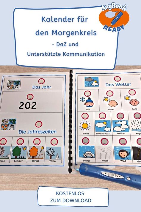 Diese Kommunikationsmappe mit METACOM Symbolen zum Einüben des Kalenders mit Wochentagen, Monaten, Jahreszeiten und dem Wetter ist für den Einsatz im täglichen Morgenkreis gedacht. Die Mappe eignet sich besonders zur Wortschatzerweiterung und bei Schüler*innen im Bereich der Unterstützen Kommunikation. Einfach kostenlos auf unserer Best Practice herunterladen und mit dem Anybook Reader vertonen. Teacch Material, School's Out For Summer, School Related, Best Practice, Book Reader, Any Book, Diy And Crafts, Kindergarten, Crafts For Kids