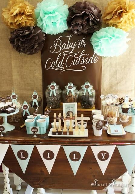 Hot Cocoa Bar Party a Delicious Chocolate and pale blue themed party by Sweet Scarlet Designs Hot Cocoa Bar Party, Mallow Cups, Hot Chocolate Party, Christmas Bark, Christmas Fudge, Hot Chocolate Bar, Boy Baby Shower Ideas, Chocolate Party, Hot Cocoa Bar