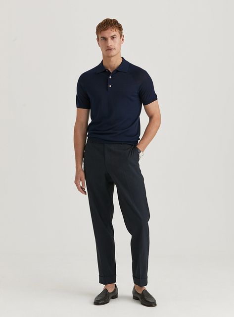 Achieve a polished yet effortless look with a monochromatic navy polo and dress pants combination, set off by chic black slipper loafers. Perfect for those who value a minimalist approach to sophisticated dressing. Navy Polo Outfit, Slipper Loafers, Polo Outfit, Dress Pants Black, Navy Dress Pants, Casual Fridays, Black Slippers, Men's Outfits, Summer Lookbook