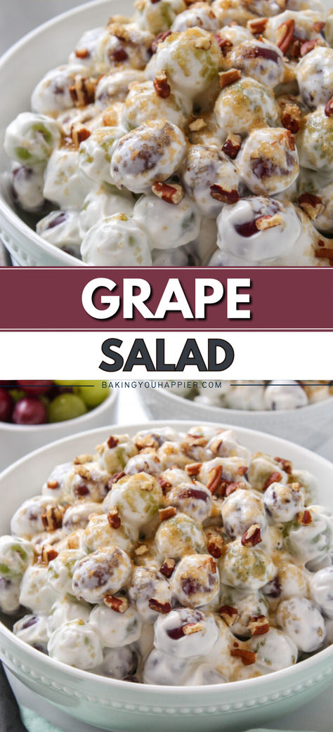 Grape Salad, a perfect combination of juicy grapes and a creamy dressing topped with chopped pecans and a brown sugar topping! Grapes Snack Ideas, Grape Apple Salad, Grape Salad With Brown Sugar, What To Do With Grapes, Easy Summer Meals Healthy, Cheap Potluck Dishes, Easy Grape Salad, Pecan Salad Recipe, Broccoli Grape Salad