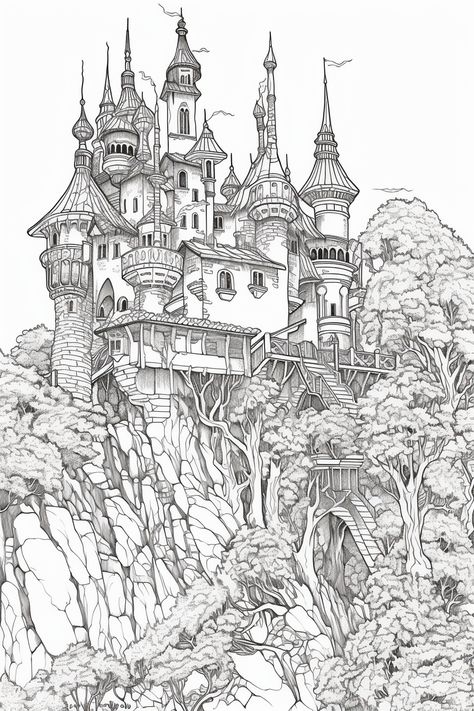 Fantasy Castle Drawing, Castle Line Art, City Coloring Pages, Chunky Sketchbook, Forest Castle, Castle City, Castle Illustration, Castle Drawing, Castle Aesthetic