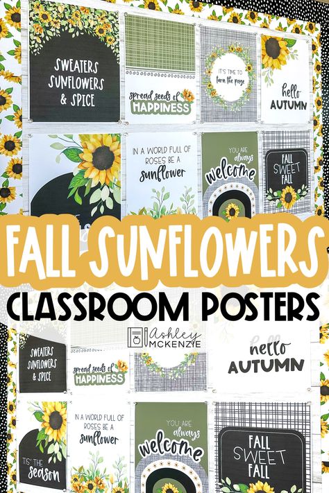 Fall sunflowers themed classroom posters displayed on a classroom bulletin board. Bulletin Boards For Fall, Sunflower Classroom Theme, Sunflower Bulletin Board, Sunflower Classroom, Ashley Mckenzie, Sunflower Printable, Fall Sunflowers, Instructional Planning, Classroom Diy