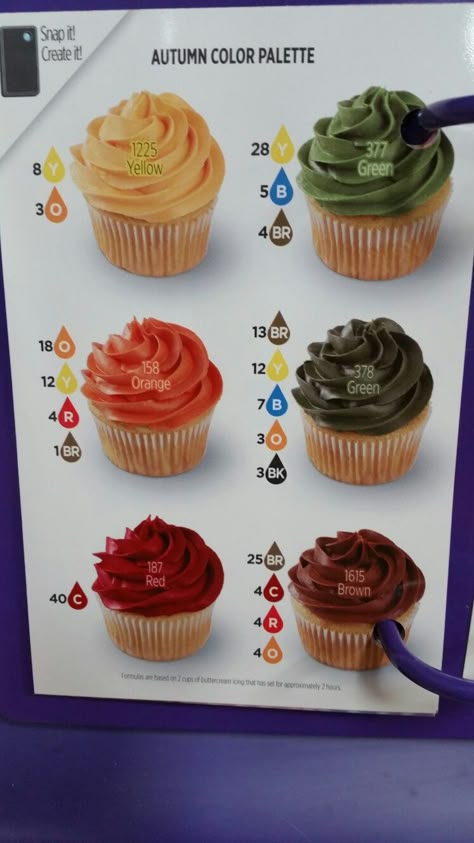 How To Make Fall Colored Icing, Cupcake Frosting Color Ideas, Burnt Orange Frosting Color, Fall Icing Colors, Fall Frosting Colors, Frosting Color Guide, Frosting Colors, Cupcake Decorating Tips, Cake Decorating Piping