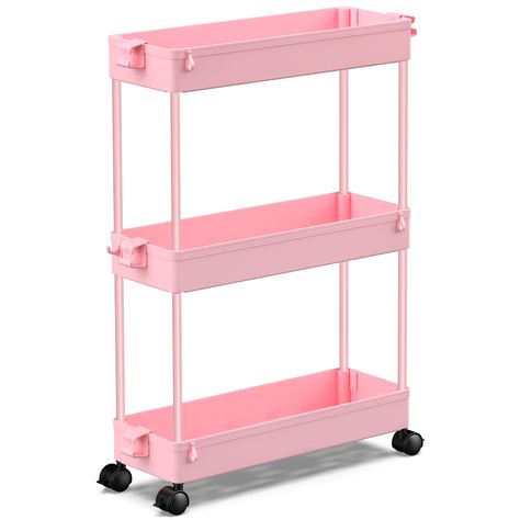 PRICES MAY VARY. Plastic [Adjustable 3 Layer Storage Cart] This storage cart comes with 4.75 inches slim construction with 3 tier for it to easily fit in narrow spaces in your home. Ideal for bathrooms, kitchen, garage, closet, laundry rooms, offices or in-between your washer and dryer. [Easy Maneuvering with Side Hoops] The rolling cart comes with 4 stable and long lasting wheels with the help of which moving the cart from one place to another becomes easy in limited spaces. It also has 3 side Pink Laundry Rooms, Kitchen Furniture Storage, Mobile Shelving, Pink Furniture, Rolling Storage Cart, Rolling Storage, Utility Cart, Storage Cart, Bathroom Office