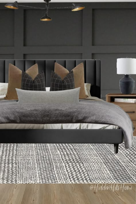 Teen boys bedroom decor with black accent wall Bedroom Decor Gray Bedding, Grey And Black Bedding Ideas, Masculine King Bed, Guest Bedroom Ideas 2023, Masculin Bedrooms, Masculine Bedroom Accent Wall, Bedroom With Dark Gray Accent Wall, Masculine Primary Bedroom, Masculine Master Bed