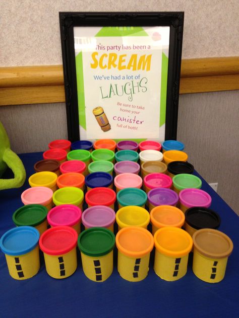 One of the favors for my sons first birthday, Monsters, Inc. I made Playdoh cans into scream/laugh canisters. 1st Birthday Monsters Inc Theme, Monster Inc Boo Themed Birthday Party, Monsters Inc Birthday Shirt Ideas, Monsters Inc Birthday Party Activities, Monsters Inc Birthday Party Favors, Monsters Inc 1st Birthday Party Ideas, Monsters Inc Favors, Boo Monsters Inc First Birthday, Scared Of The Month Monsters Inc