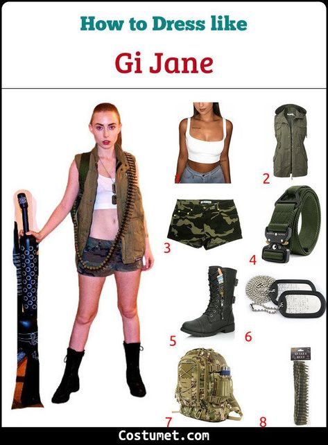 G.I. Jane Costume for Cosplay & Halloween 2021 Jane Costume, G I Jane, Gi Jane, Tough Woman, Fantasy Fest, White Crop Tank, White Crop Top Tank, Camouflage Shorts, Green Vest