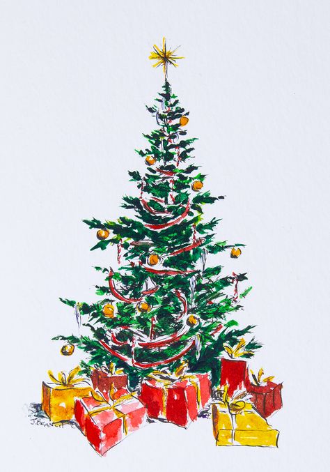 Christmas Tree Card Christmas Tree Drawing, Disney Christmas Tree, Christmas Tree Card, Diy Christmas Tree Topper, Christmas Tree Art, Real Christmas Tree, Christmas Card Art, Christmas Tree Painting, Watercolor Christmas Cards