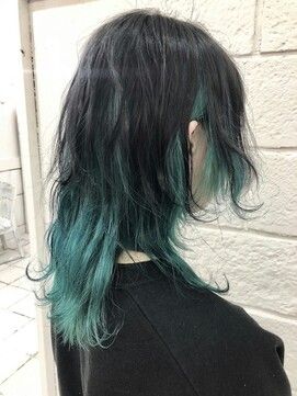 Green Hair With Black Tips, Black Hair With Teal Underneath, Blue Under Layer Hair, Teal Wolfcut, Teal Ends Hair, Teal Hair Tips, End Of Hair Dyed, Teal Dyed Hair, Blue Hair Ends