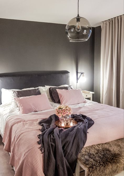 Dark Grey Pink Bedroom, Black Pink Gold Bedroom, Black Pink And Gold Bedroom, Dark Grey And Pink Bedroom, Blush And Grey Living Room, Pink Glam Bedroom, Black And Pink Bedroom, Black Bedroom Furniture Decor, Rh Bedroom