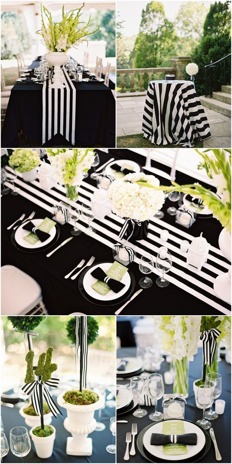 Black and White Striped Wedding Inspiration! Deco Cinema, White Stripes Wedding, Black And White Table, Black White Parties, Tafel Decor, Wedding Table Linens, Striped Wedding, Black And White Theme, Black White Wedding