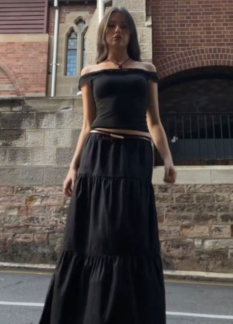 maxi skirt 
black long skirt
fashion
aesthetic Long Black Tiered Skirt Outfit, Black Tiered Maxi Skirt Outfit, Junko Style, Black Tiered Skirt Outfit, Black Ruffle Skirt Outfit, Tiered Maxi Skirt Outfit, Tiered Skirt Outfit, Black Skirt Outfit Summer, Black Maxi Skirt Outfit