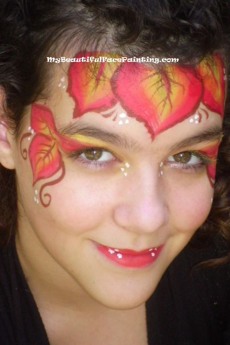 fall leaf fairy face paint. Small Tag fall leaf split for leaves and lips. Outline and accents in Tag brown. Dot-DFX white. Thanksgiving Face Painting, Fall Facepainting, Facepainting Halloween, Fall Leaf Wedding, Fairy Face Paint, Leaf Fairy, Festival Face Paint, Painting Leaves, Cheek Art