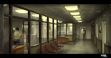 SAM - A Saxon | Police Station Interior DDR - BRD | Concept Illustrations Police Station Concept Art, Police Station Interior, Disney Tv, Episode Backgrounds, Production Design, Police Station, Cinematography, Tv Series, Concept Art