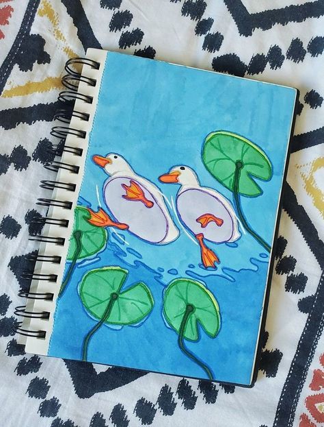 Ducks Swimming Drawing, Duck In Water Drawing, Lotus Pond Painting, Notebook Drawings, Ducks Swimming, Duck Swimming, Painting Ideas On Canvas Easy, Duck Drawing, Whimsical Art Journal