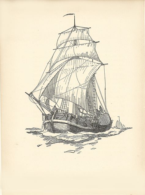 The Dutch Galliot , 7" x 11" print on paper. From The Book of Old Ships, Drawing by Gordon Grant, 1924 Old Boat Drawing, Old Ships Drawing, Vintage Ship Drawing, Ship Line Drawing, Old Ship Tattoo, Vintage Ship, Old Ship Drawing, Old Book Drawing, Ship Illustration