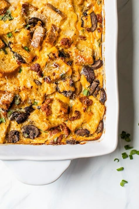 Breakfast Sausage and Mushroom Strata, a make-ahead breakfast casserole made with day old bread, eggs, cheese, sausage and mushrooms. You can make this with just about anything, just use your imagination! #breakfastcasserole #eggs #strata Skinnytaste Breakfast, Mushroom Strata, Veggie Egg Bake, Sausage And Mushrooms, Homemade Breakfast Sausage Recipe, Breakfast Strata, Turkey Breakfast Sausage, Homemade Breakfast Sausage, Make Ahead Breakfast Casserole