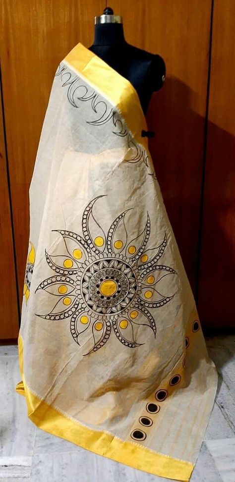 Incredible flower art Handpainted Saree Design, Dupatta Painting Designs, Fabric Painting On Saree, Painting On Dupatta, Warli Art Painting, Fabric Colour Painting, Fabric Paint Shirt, Saree Painting Designs, Fabric Paint Diy