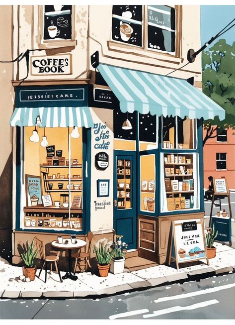 Coffee Shop Painting Ideas, Cafe Drawing Illustration Coffee Shop, Magic Shop Drawing, Cafe Illust, Astrology Art Illustration, Urban Anna, Coffee Shop Painting, Coffee Shop Illustration, Quote Collage