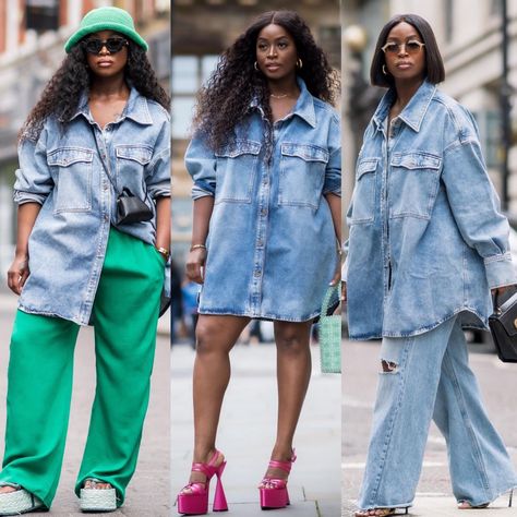 Denim On Denim Spring Outfit, Denim Shirt Outfit Black Women, African Skirt Outfit, Denim Shirt Outfit, Plus Size Baddie Outfits, Oversized Denim Shirt, Looks Jeans, Retro Looks, Stylish Winter Outfits