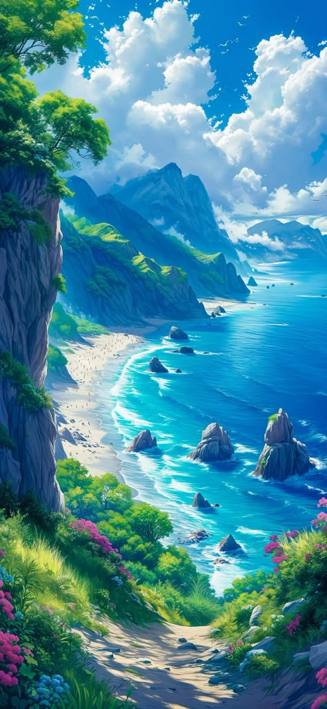 Beach Landscape Art, Sky Meets The Sea, Landscape Wallpapers, 2160x3840 Wallpaper, Fantasy Background, Fantasy Worlds, Landscape Artwork, Cool Wallpapers Art, Fantasy Art Landscapes