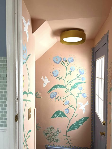 Hand Painted Murals For Home, Small Entry Way, Mural Stencil, Folk Painting, School Murals, Small Entry, Mural Ideas, Painted Walls, Hand Painted Walls