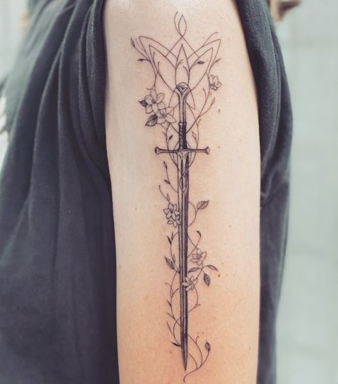 Floral Lord Of The Rings Tattoo, Couples Lotr Tattoos, I Am No Man Tattoo Lotr, Evenstar Tattoo Sternum, Lotr Evenstar Tattoo, Anduril Drawing, Gandalf Staff Tattoo, Ringwraith Tattoo, I Am No Man Tattoo Elvish