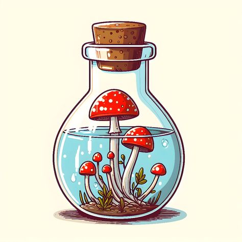 Potion Bottles Drawing Simple, Mushroom In Bottle Drawing, Potions Drawing, Simple Potion Bottle Drawing, Mushroom In A Jar, Kawaii Art Aesthetic, Potion Bottles Drawing, Potion Bottle Art, Mushroom Potion