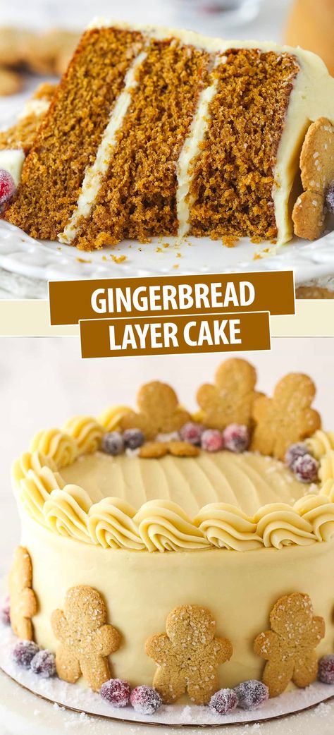 This Gingerbread Layer Cake is made with three tender, moist cake layers bursting with gingerbread flavor and is filled and frosted with a smooth molasses cream cheese frosting! It’s full warm, cozy spices and is sure to become a new holiday favorite! Best Christmas Cake Recipe Ever, Gingerbread Layer Cake Recipe, Holiday Layer Cake, Gingerbread Bundt Cake Recipes, Christmas Cake Flavors, Christmas Gingerbread Cake, Gingerbread Layer Cake, Best Christmas Cake, Cupcakes Images