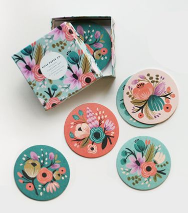 I love these floral fancies I purchased this spring Paper Coaster, Floral Designs, Paper Goods, Surface Design, A Box, Coaster Set, Packaging Design, Illustration Design, Pattern Design