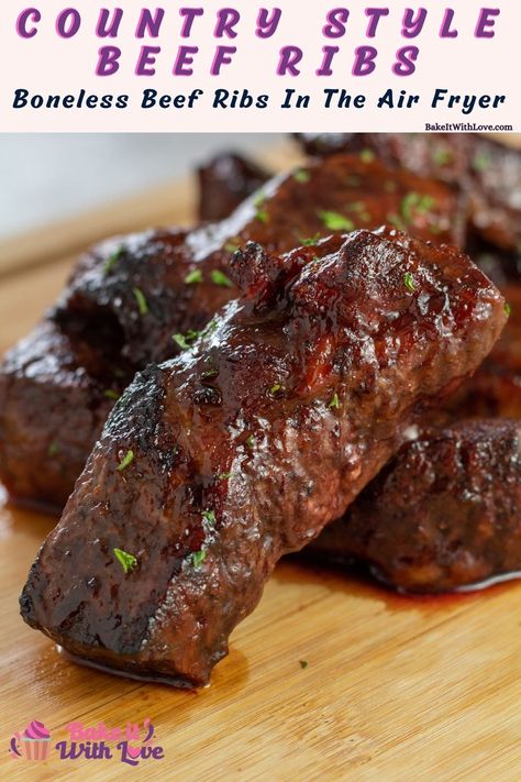 These tasty air fryer boneless country style beef ribs are the easiest way to get your hearty BBQ fix in no time at all! The ribs are seasoned and slathered in sweet BBQ sauce, then cooked right in your air fryer! These smoky, saucy, perfectly tender ribs are ready for any time of year! BakeItWithLove.com #bakeitwithlove #airfryer #boneless #countrystyle #beef #ribs #bbq Short Ribs Recipe Air Fryer, Ribs Recipe Air Fryer, Beef Chuck Ribs Recipe, Boneless Beef Short Ribs Recipe, Boneless Beef Ribs Recipe, Country Style Beef Ribs, Beef Country Style Ribs, Ribs Air Fryer, Boneless Ribs Recipe