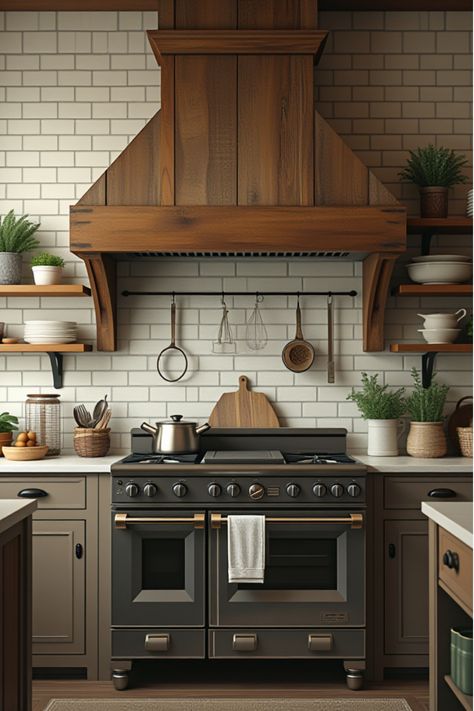 Farmhouse kitchen with wooden range hood and open shelving Shelf Behind Stovetop, Range With Open Shelving, Wall Above Stove Decor, Stove With Open Shelving, Open Shelving Near Range Hood, Range Hood With Open Shelving, Stove Niche, Above Stove Decor, Farmhouse Kitchen With Open Shelving